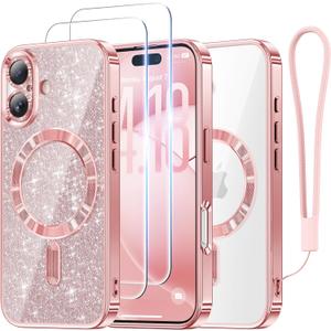 Meifigno Designed for iPhone 17 Case 6.3", [Glitter Card & Wrist Strap] [Compatible with MagSafe] [2X HD Screen Protectors] Surround Raised Lens Protection for iPhone 17 Case 6.3 Inch, Rose Gold