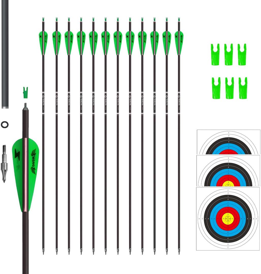 31inch Carbon Arrow Archery Targeting Practice Hunting Arrows for Compound & Recurve Bow with Removable Tips(Pack of 12) (Green White)
