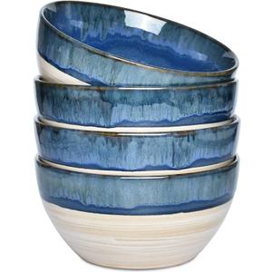 Bosmarlin Stoneware Soup Bowl Set of 4, 26 Oz, Cereal Bowl for Oatmeal, Dishwasher and Microwave Safe, Reactive Glaze (Deep blue, 6 in)