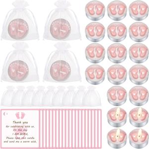 Treela 20 Sets Baby Shower Party Favors Pink Tea Lights Candles with Organza Bag for Guests Cute Feet Shaped Burning Thank You Tags Return Gifts Keepsakes for Baby Shower Gender Reveal Party