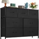 OLIXIS Dresser for Bedroom, 7 Storage Drawers, Wide Fabric Closet Chests Organizer Tower Furniture, TV Stand with Wooden Top Metal Frame for Clothes, Living Room, Hallway, Entryway, Black