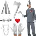 Silver Costume Accessory Set for Adult Cute Funnel Hat with Elastic Strap Fake Axe Metallic Spandex Gloves Halloween Costume for Man Women Cosplay Party