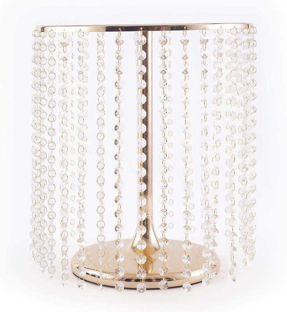 BalsaCircle 16-Inch Tall Gold Crystal Pendants Metal Cake Stand Party Events Wedding Dessert Pedestal Centerpieces Riser Decorations