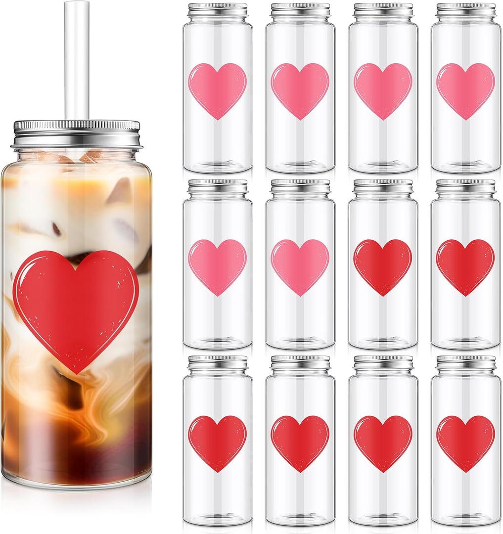 Vesici 12 Pack Valentine's Day Party Cups with Lid and Straw 13.5 oz Clear Reusable Plastic Tumblers Bulk Red Pink Heart Printed Design Cold Drink
