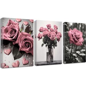 ZQQART Pink Rose Wall Art 3 PCS Bloom Pink Flower Canvas Prints Rustic Black and White Pink Floral Painting for Girls Room Wall Decor (Pink16.00" x 24.00" x 3)