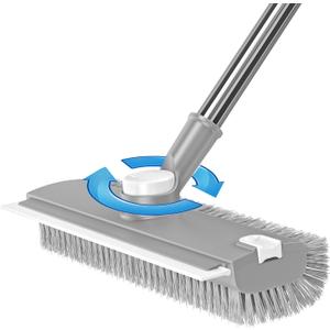 2 x Floor Scrub Brush with Long Handle: 3 in 1 Heavy-Duty Floor Scrubber Brush with Squeegee for Cleaning Tile Bathroom Deck Kitchen Patio - Gray
