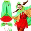 Jecery 4 Pcs Christmas Green Furry Costume Outfits for Women Lime Cloak Cape with Red Tutu Skirt Green Heart Dangle Earrings Furry Hair Bow Headband for Xmas Holiday Halloween Party