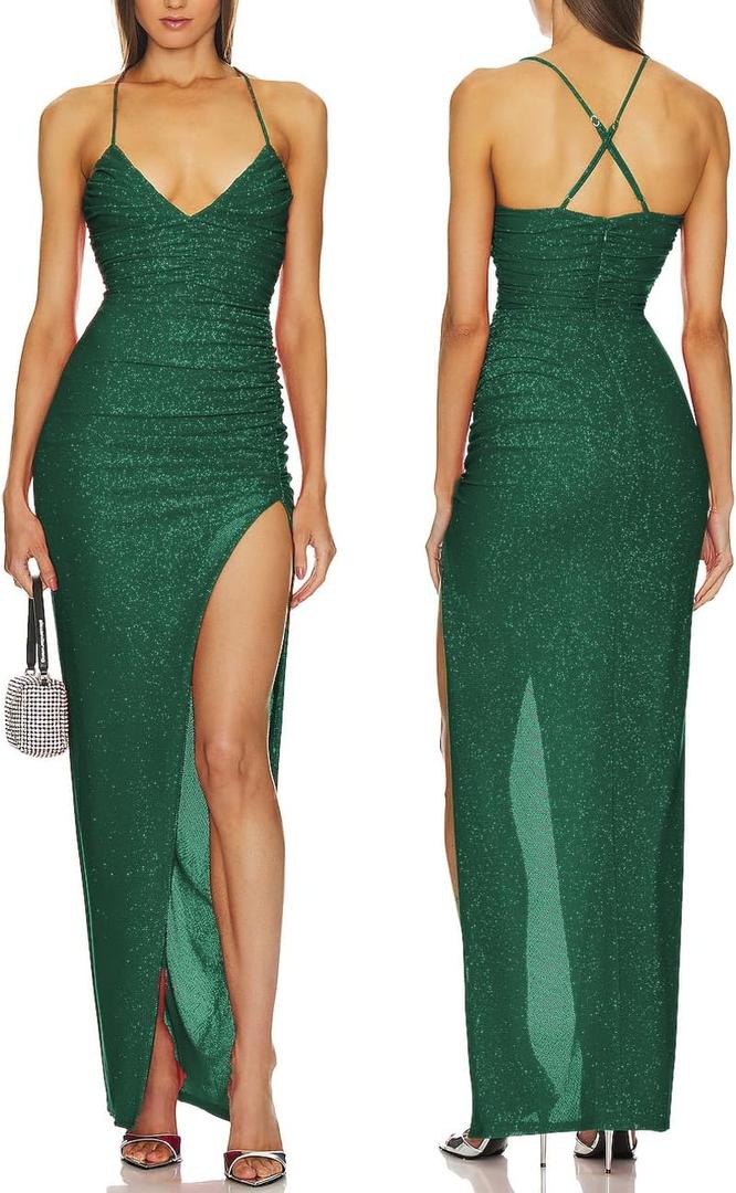 Capuffy Women's Spaghetti Straps Elegant Glitter V-Neck Cocktail Maxi Dress Thigh-High Slit Ruched Bodycon Evening Gown 315 (Large, Green)