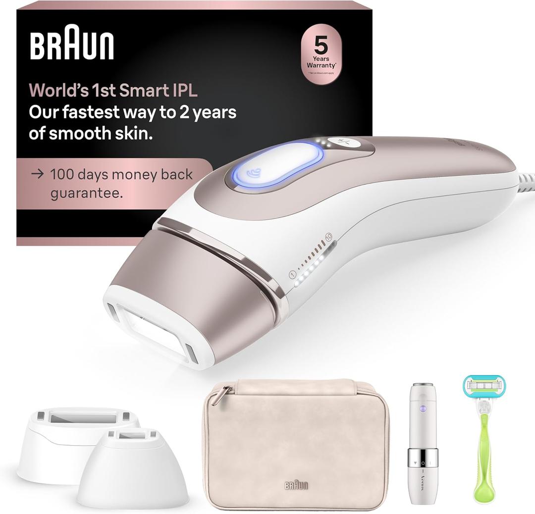 Braun Smart IPL, Skin iExpert Pro 7: at Home Laser Hair Removal for Women and Men, Permanent Visible Hair Reduction, with Free App, Vanity Case, Venus Razor, 2 Smart Heads, Facial Trimmer, IPL7219 (White/Bronze New)