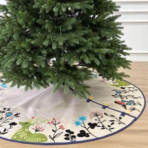 Starry Dynamo 60-Inch Linen Christmas Tree Skirt, Woodland Creatures Embroidery, Thick Foam Padding, Beige with Navy Blue Trim, Oak Button Closures
