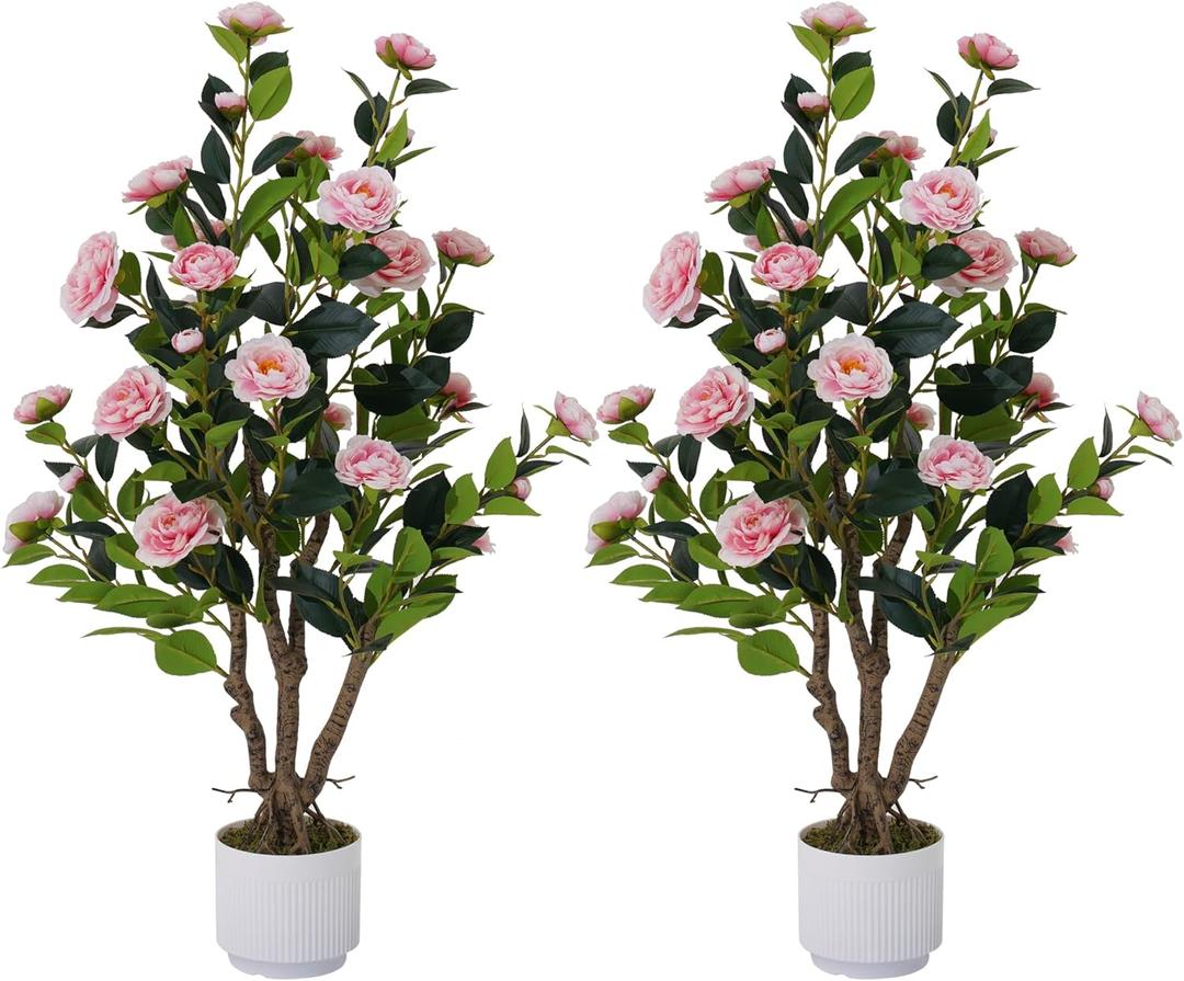 2 Pack Artificial Camellia Tree with White Pot, 38" Faux Potted Plants for Indoor Outdoor Decor, Tall Silk Greenery Plant for Home Offce Living Room Balcony, Pink