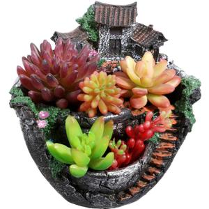 OUNONA Plant Pot, Mini Garden Pot Container Fairy Garden Pot with Sweet House Tabel Decor for Home Office Living Room (Silver)
