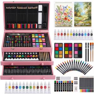 175-Pack Deluxe Wooden Art Set Drawing Painting Kit with 2 Drawing Pads, Acrylic Paints, Colored Pencils, Crayons, Paint Brush, Art Kit in Wooden Case, Gift for Artist, Adults, Teens and Kids (Pink)