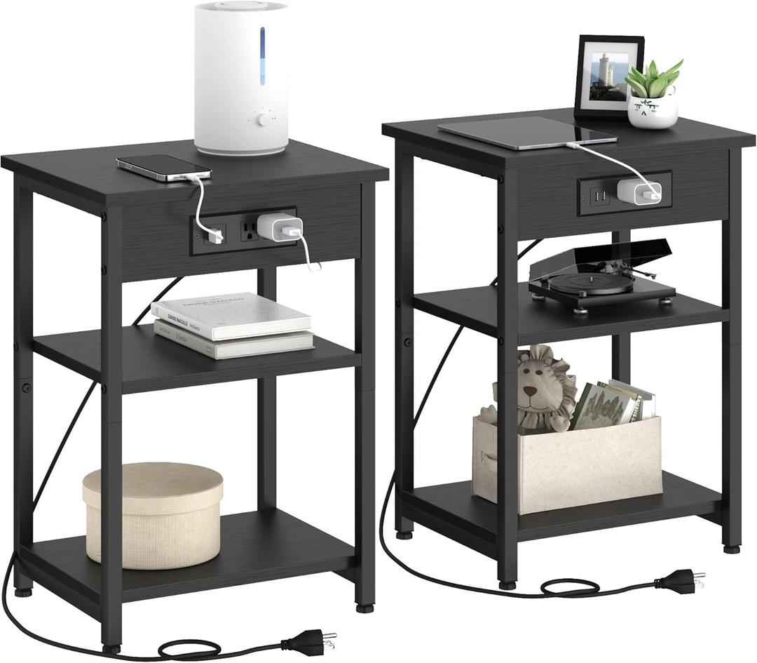 End Tables Set of 2 with Charging Station USB Ports, 3 Tier Tall Night Stand with Storage Shelves, Record Player Stand Narrow Side Table for Small Space Living Room Bedroom Office, Easy Assembly,Black