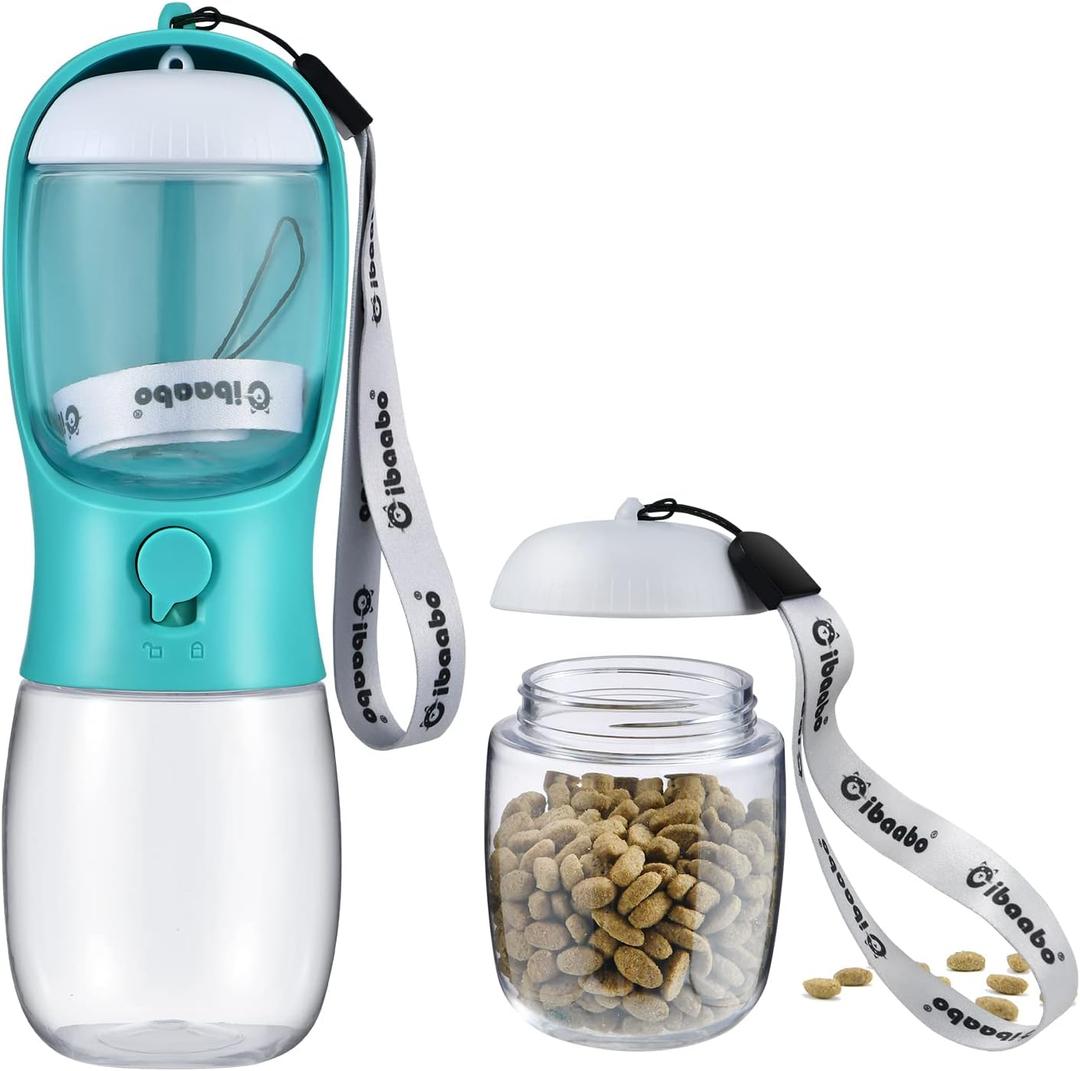 Dog Water Bottle with Food Container, Travel Puppy Water Bowl, Portable Pet Dispenser, Dog Stuff Accessories Items, Puppy Essentials Necessities for Yorkie Chihuahua Cat Walking and Hiking (10oz, #07 Green)