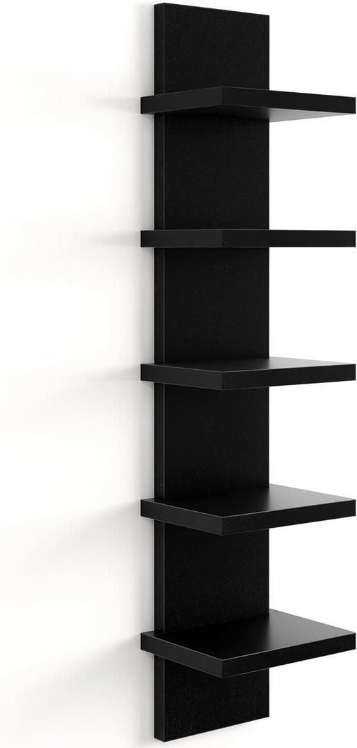 Fun Memories 5 Tier Wall Shelf Unit, Decorative Wall Mount Vertical Shelving, Floating Storage Home Decor Organizer Tall Tower Design Utility Shelving Bedroom Living Room, Black