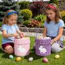 2 Pack Easter Basket with Bunny Name Tags Pink Purple Gingham Fabric with Embroidered Bunny Pattern Bucket with Handle and Ruffle Trim Reusable Rabbit Gift Bag for Easter Eggs Hunt Decorations
