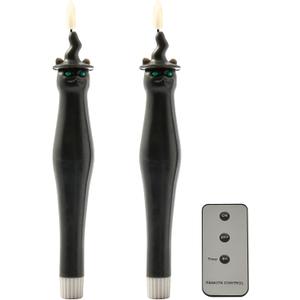 WDS WONDROUS Halloween Flameless Candles Set of 2, Black LED Battery Operated Black Candlesticks with Cat Design, Fake Tapered Candles with Remote for Halloween Decor & Table Centerpieces