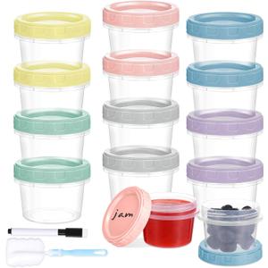 Yomarket 12pcs 4 oz Plastic Containers with Screw Lids, Reusable 1/2 Cup Small Food Storage Containers, Leakproof, Microwave Dishwasher Freezer Safe, with Pen and Brush