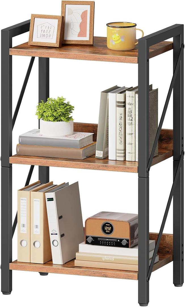 HOOBRO Bookshelf, 3-Tier Industrial Bookcase, Book Shelf Storage Organizer, Small Bookshelf with Metal Frame for Living Room, Bedroom, Home Office, Kitchen, Rustic Brown and Black BF71SJ01 (16.5"L x 11"W x 28.5"H)