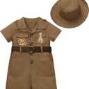 Baby Safari Outfit Wild One Birthday Outfit Girl Short Sleeve Safari Jumpsuit with Hat Toddler Zoo Keeper Outfit (18-24 Months, Brown)