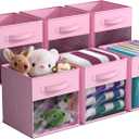 Sorbus 11 Inch Storage Bins with Clear Window - 6 Foldable Baskets for Organizing Clothes, Toys, Books - Sturdy Collapsible Fabric Storage Cubes with Handle - Storage Baskets for Shelves, Closets (Pink)