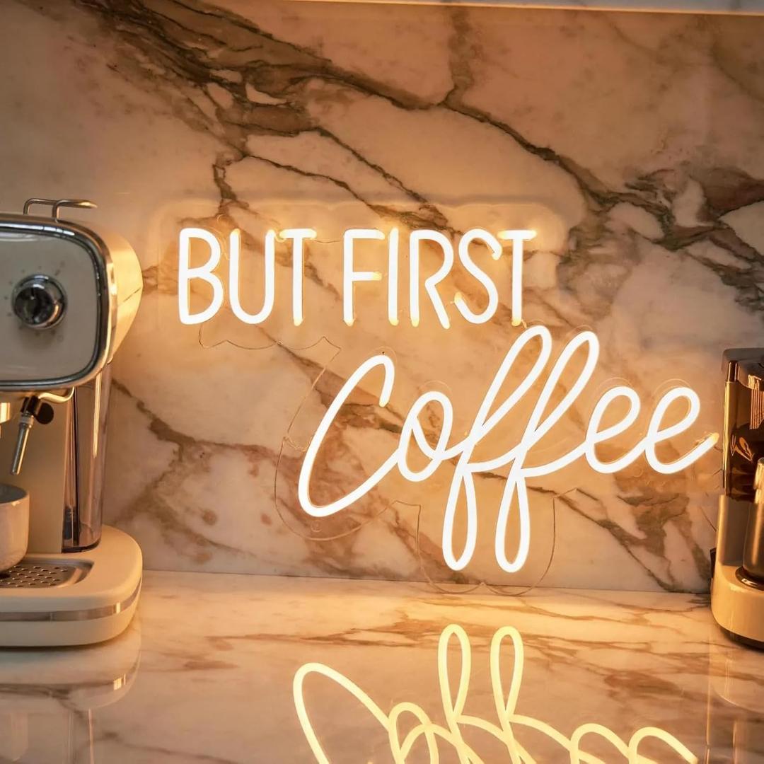 BUT FIRST Coffee Neon Sign - Adjustable Brightness LED Coffee Bar Sign for Cafe Shops, Home Bars, and Bedroom Decor, Modern Cafe Bar USB Powered