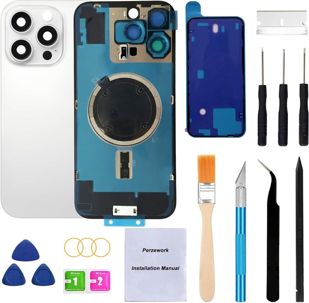 Rear Back Glass Replacement for iPhone 16 Pro Max 6.9-inches + Pre-Installed Plate and Camera Frame and Lens + Reparing Tool Kit (White Titanium)