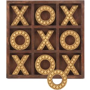 NIKKY HOME Tic Tac Toe Game Coffee Table Decor, 10.6 Inch Rustic Wooden Board, Gold