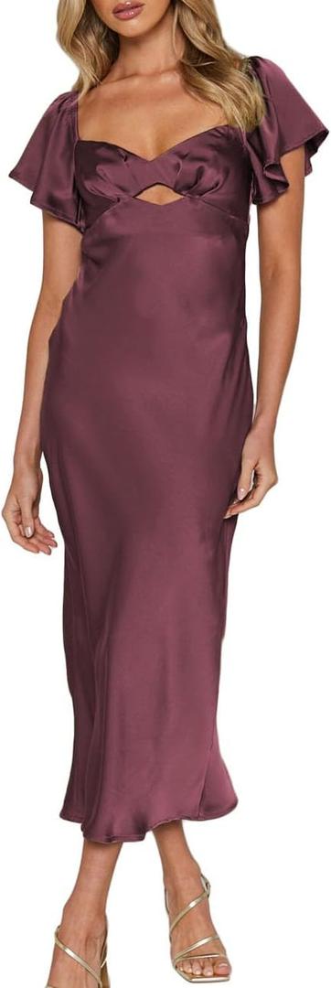 Summer Satin Flutter Sleeve Wedding Guest Dresses for Women Sweetheart Neckline Cutout Tie Back Midi Cocktail Dress 8