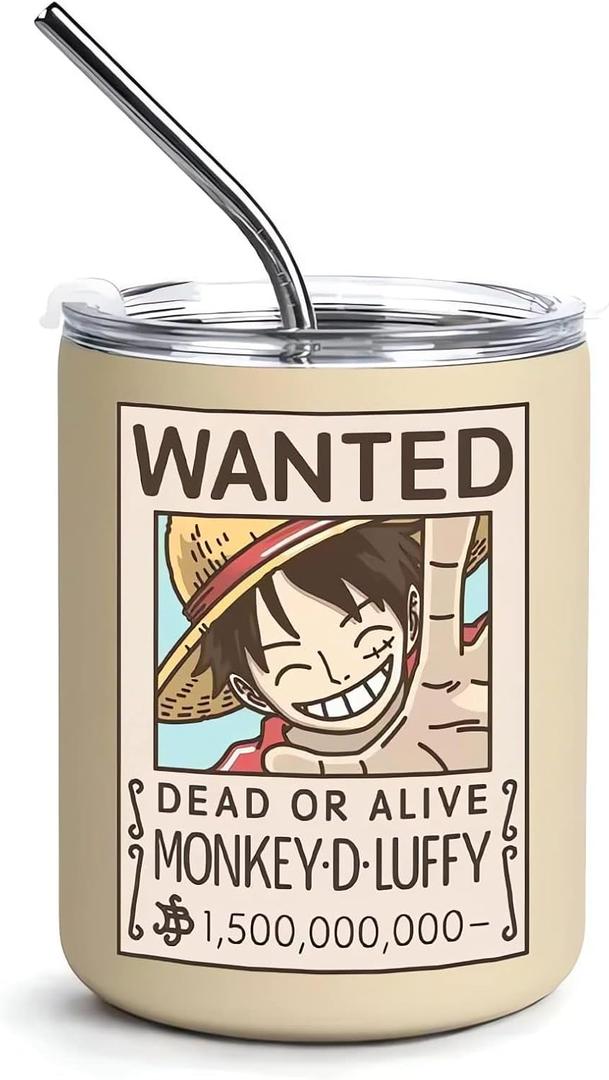 12 oz Vacuum Insulated Tumblers with Lid and Straw, Double-Walled Stainless Steel Coffee Mug for Office Home,Cute One Piece Manga Anime Gifts (Monkey D Luffy)