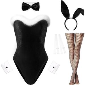 RSLOVE Lingerie Set for Women Sexy - 7 PCS Bunny Costume One Piece Teddy Bodysuit Stockings Set for Halloween Cosplay (Small, Black)