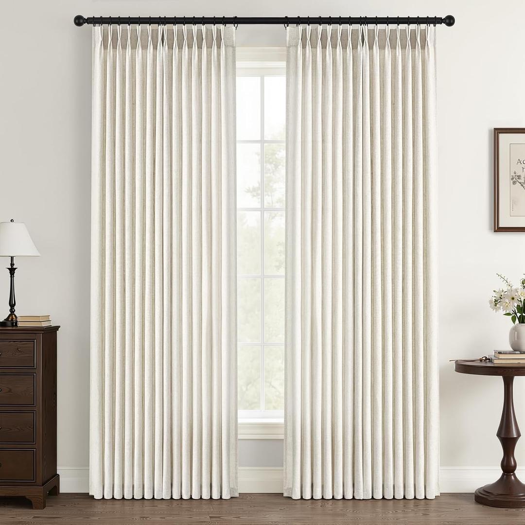 Pinch Pleated Linen Curtains 96 Inches Long for Living Room Bedroom Natural Birch Cream Ivory Thick Linen Textured Memory Trained Light Filtering Back Tab Pleated Drapes with Hooks Rings 72 Wide