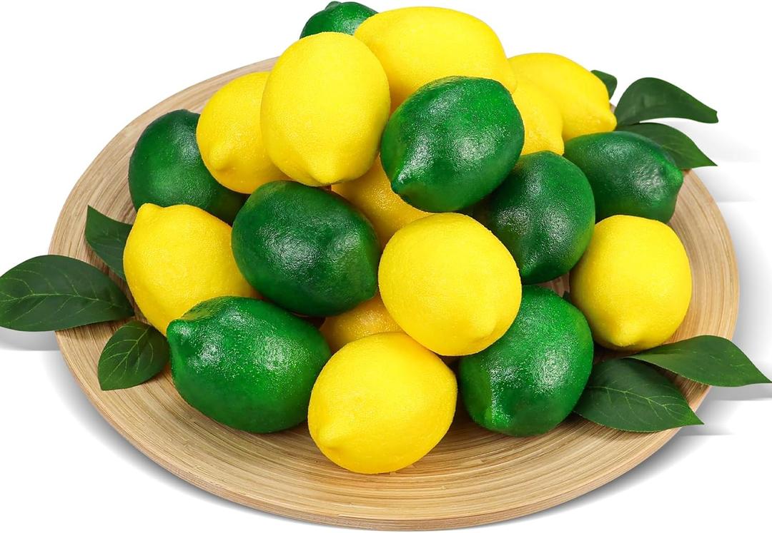 Lorigun 48 Pcs Fake Lemons Artificial Fruits Limes with Leaves, Faux Yellow Lemons Decor Realistic Fake Fruits Lemon for Bowls Decor Table Centerpieces Summer Lemon Decorations Party Kitchen