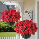 GLIDLION 2 Set Artificial Geraniums Flowers with Hanging Baskets for Outdoors - Sun Resistant Silk with Geranium Flowers, Fake Hanging Planters for Front Porch Garden Patio Home Decor (Red)