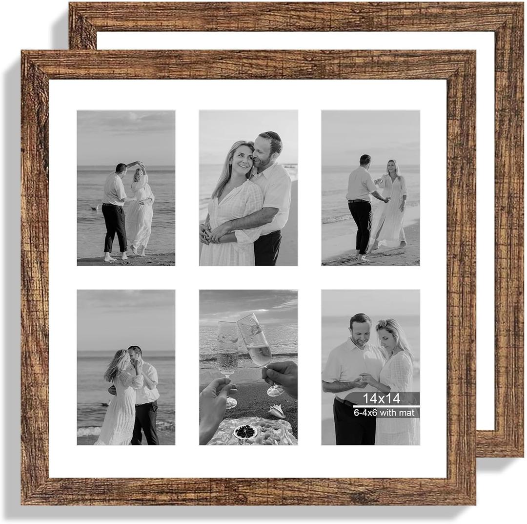 Hongkee 14x14 Picture Frame Set of 2, Rustic Brown with Glass Collage Frame, Display Photo Six Opening 4x6 With Mat or 14 x 14 Without Mat - Horizontal or Vertical Wall Mounting, 14x14 in matted to 6-4x6