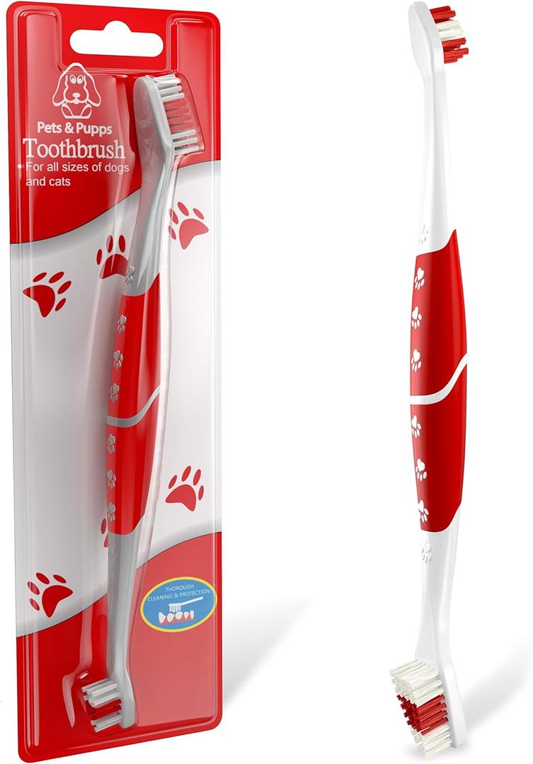 Pet Toothbrush for Dogs, Cats with Soft Bristles - Easy Teeth Cleaning & Dental Care, Non Slip Dual Head Dog Toothbrush for Medium & Large Pets, Toothpaste Not Included (Pack of 1(Red))