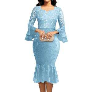 Midi Lace Dress for Women Sexy Bodycon Fishtail Dress Elegance Cocktail Party Banquet Church Outfits (Blue, M)