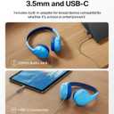 Belkin SoundForm Mini Kids Wired Headphones w/USB C to 3.5mm Dongle, Built-in Mic & Fun Stickers, 85dB Max Volume for Online Learning, Travel, Compatible w/iPhone 16, iPad, Galaxy S25, etc - Blue