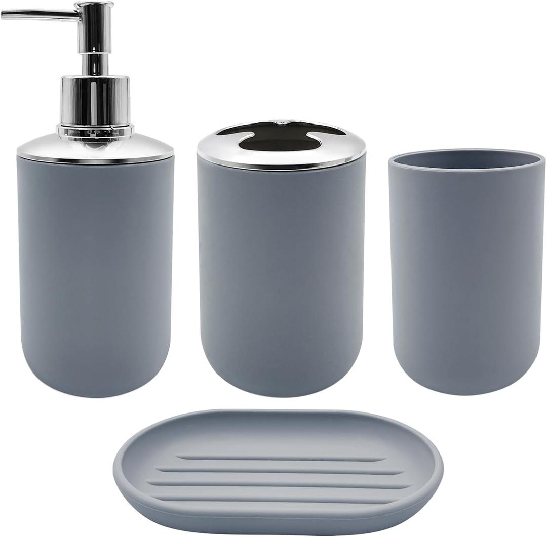Bathroom Accessory Set, 4 pcs Shatter-Resistant Resin Bathroom Accessories Set Include Lotion Soap Dispenser Toothbrush Holder Soap Dish Modern Bathroom Decor, Gift for Home (Grey 4pcs)
