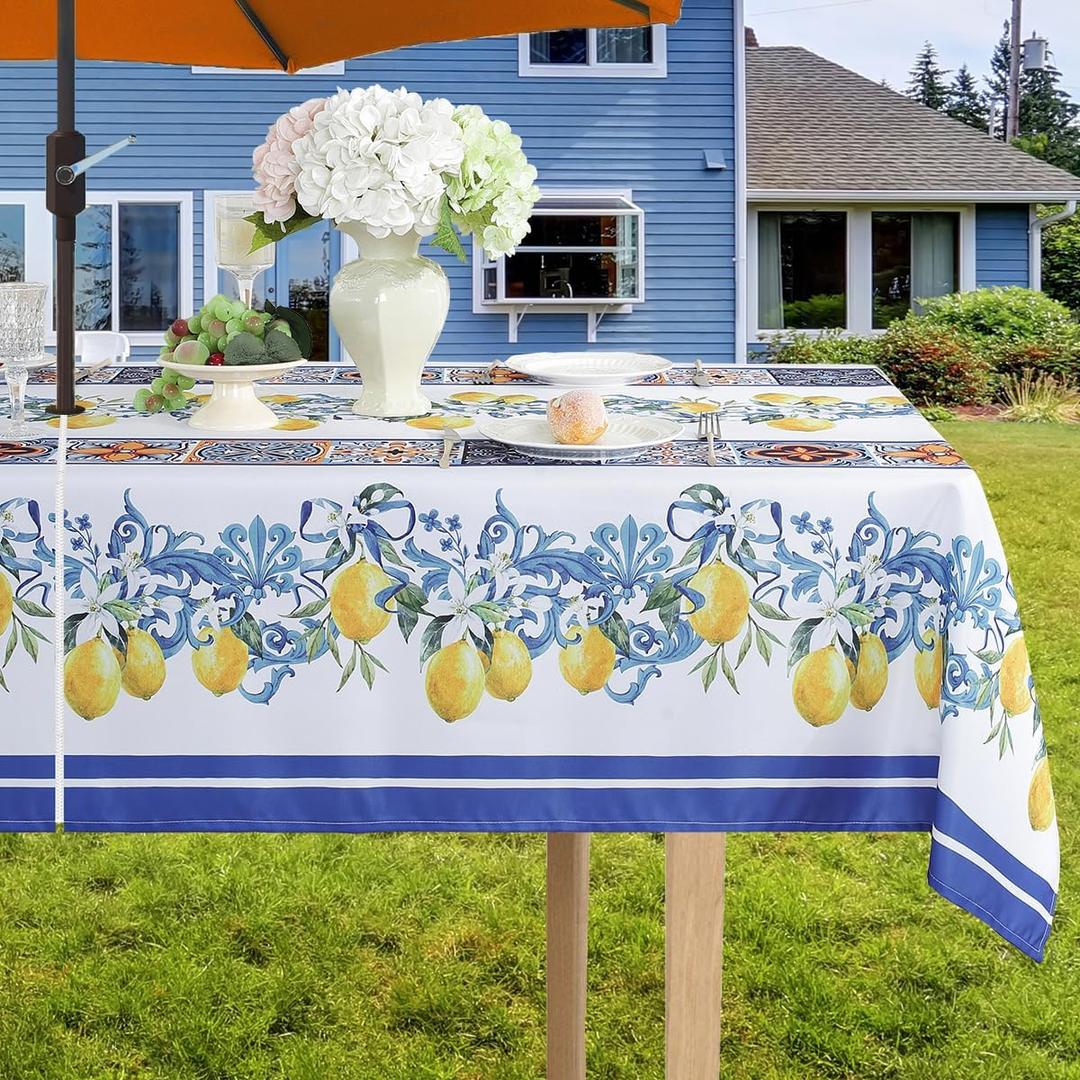 Summer Outdoor Tablecloth with Umbrella Hole and Zipper, Lemon Tablecloths for Rectangle Tables, Water Resistant Rectangular Polyester Table Cover for Outdoor / Picnic / Patio, 60 x 120 Inch, White