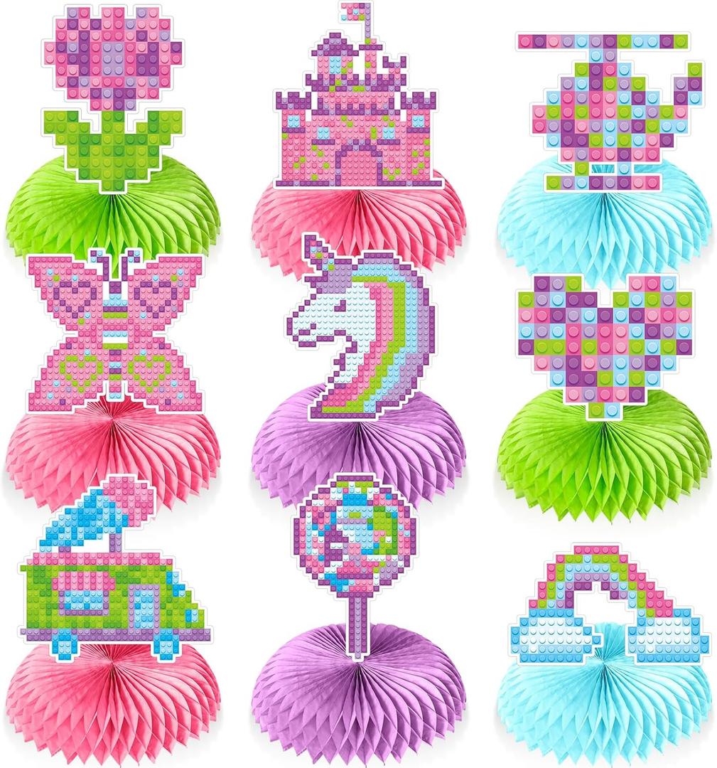 Colarr 9 Pcs Birthday Party Decoration Sets-honeycomb Table Centerpieces Pastel Themed Pink Girls Brick Building Block Cupcake Topper Birthday Party Supplies Princess Kids
