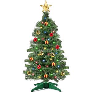 [ Timer & 12 Modes ] 3 Ft Green PVC Christmas Tree with 50 Multi Color Lights DIY 15 Ball Ornaments 3D Star Small Artificial Xmas Tree for Indoor Holiday Party Decorations