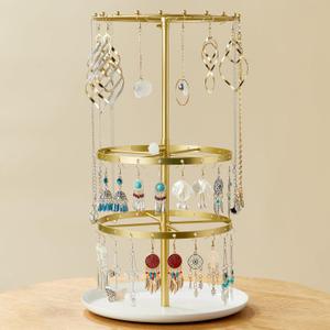 Rotating Earring Holder Organizer: Earrings Tree Display & Storage Stand For Stud Earrings/Pierced Earrings, 3 Tier, Gold