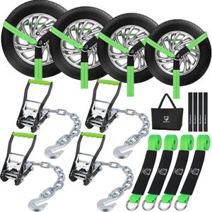 Car Tie Down Straps with Chain Anchors, 10,000LBS Break Strength, J Hooks
