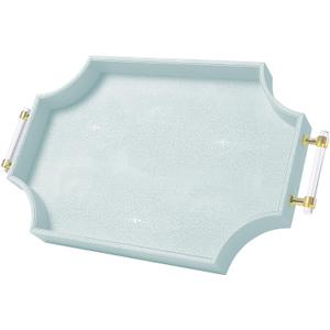 22.6'' 13'' Coffee Table Tray Shagreen Decorative Tray for Ottoman Home Decor Serving Tray with Acrylic Gold Handles Modern Elegant Scalloped Large Ottoman Tray
