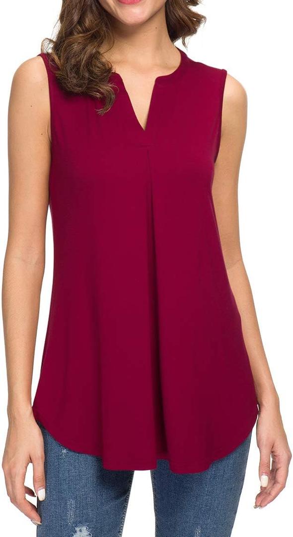 Women's Summer Tank Top V Neck Sleeveless Loose Pleated Shirt | Soft, Stretchy, Breathable, Lightweight, Skin-friendly, Long Length, Runs True to Size, Outings, Work, Vacation (Red, L)