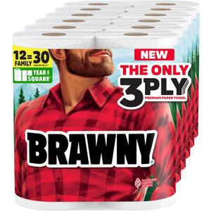 Brawny Tear-A-Square 3-Ply Paper Towels, 12 XL Family Rolls = 30 Regular Rolls, Strong, Absorbent, and Durable with 3 Sheet Sizes 