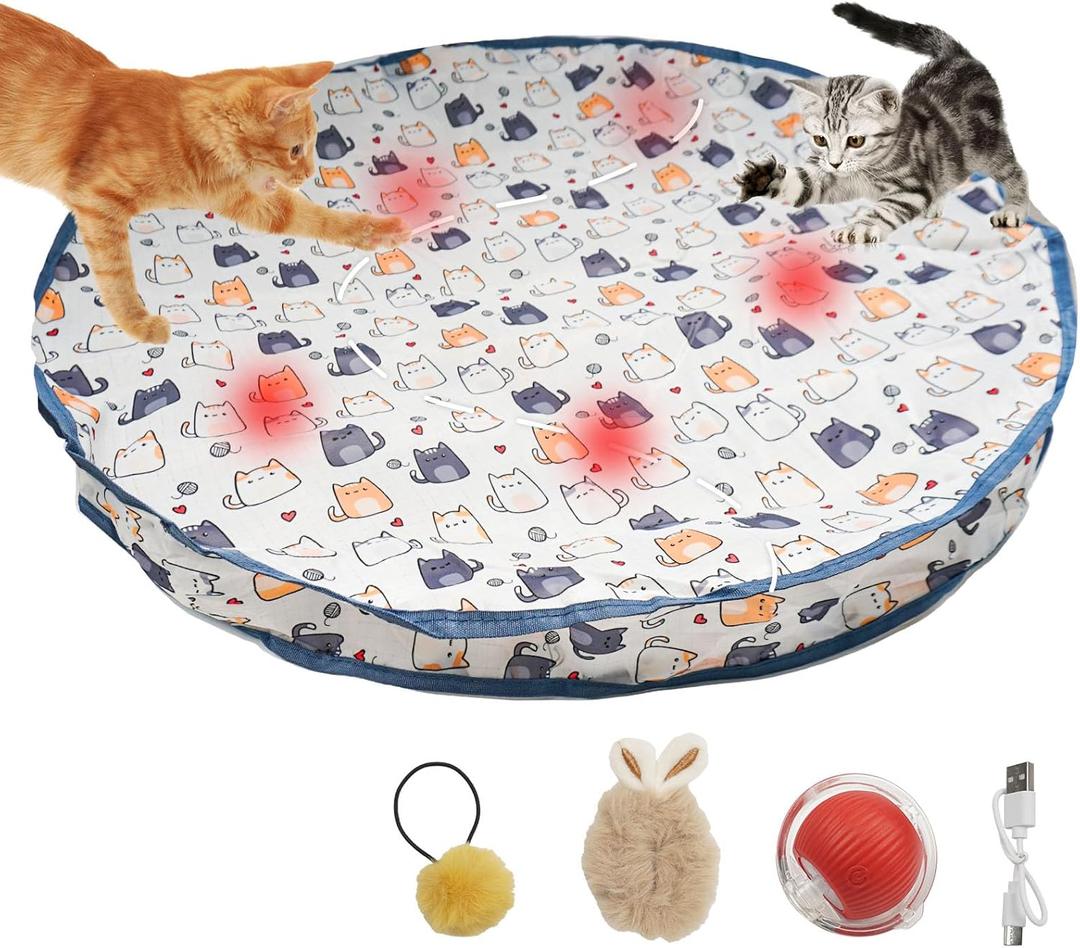 Interactive Cat Toys, Fast Rolling Ball in Play Mat, Automatic Motion Activated Moving Ball Hide and Seek Game for Bored Indoor, 28 Inch Play Mat Teasing (White)
