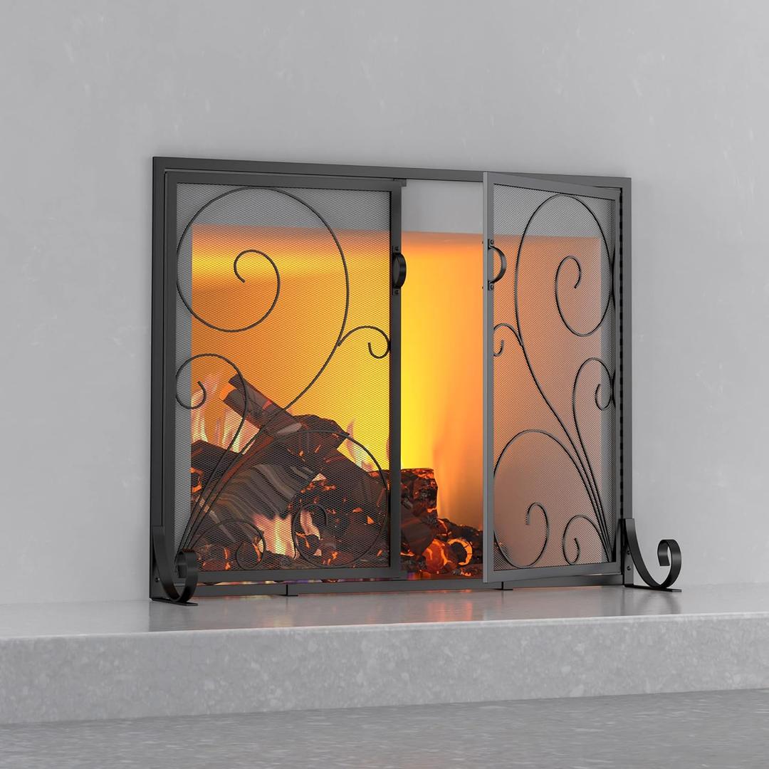 Fire Beauty Fireplace Screen with Doors, Handcrafted Solid Steel, Heavy Duty Metal Mesh, Powder Coat Finish, Spark Guard (37.8"L x 30.7"H)